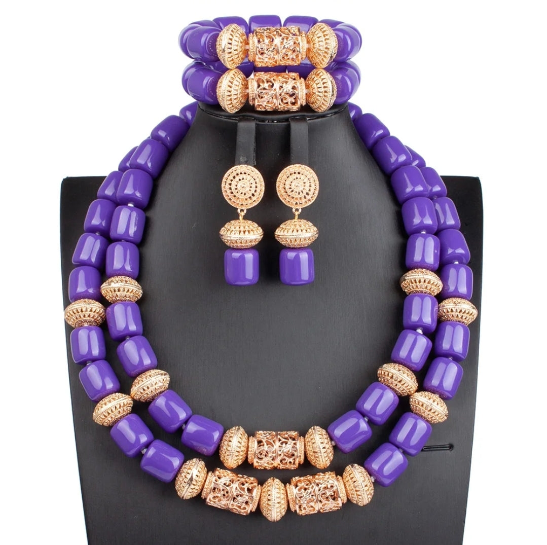 3 layers Imitation coral statement necklace, bracelet and earrings set