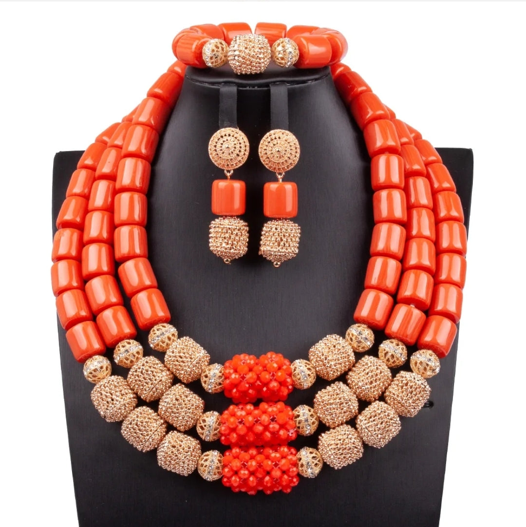 3 layers Imitation coral statement necklace, bracelet and earrings set