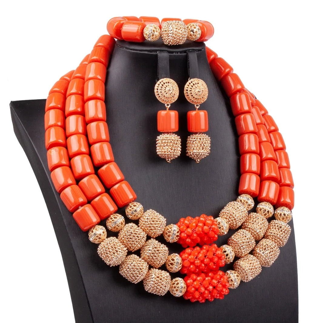 3 layers Imitation coral statement necklace, bracelet and earrings set