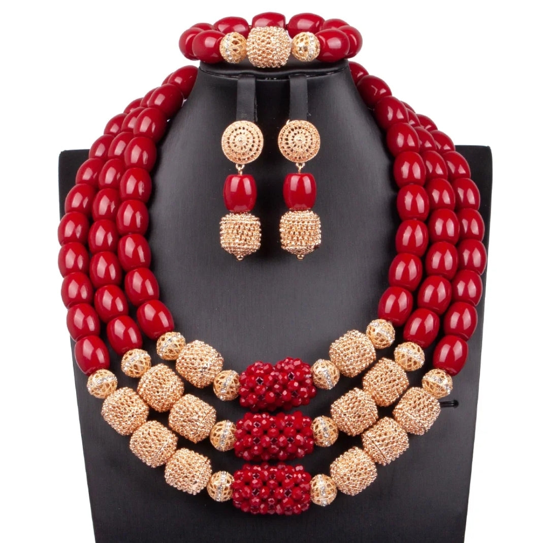 3 layers Imitation coral statement necklace, bracelet and earrings set