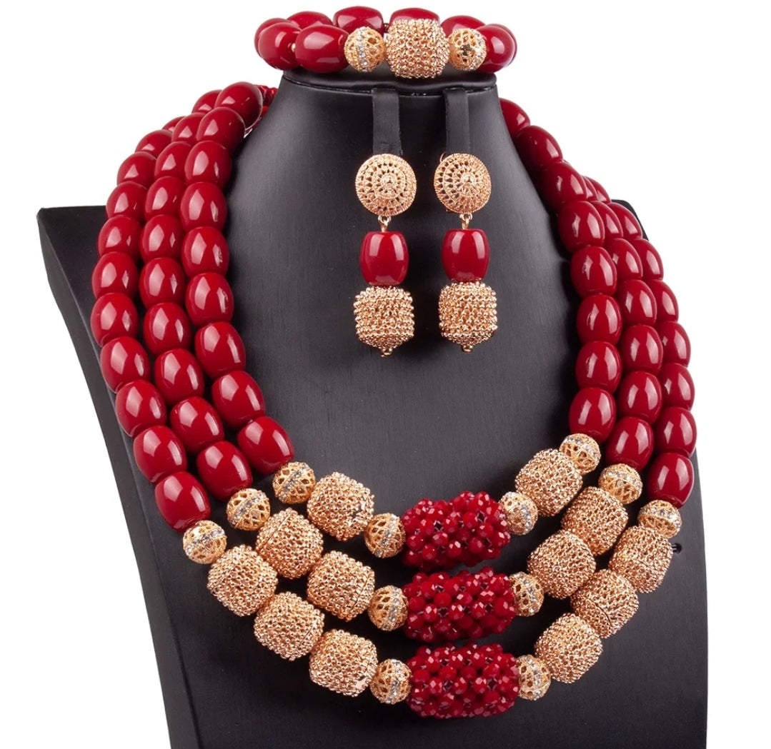 3 layers Imitation coral statement necklace, bracelet and earrings set