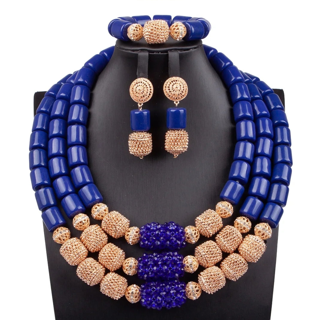 3 layers Imitation coral statement necklace, bracelet and earrings set