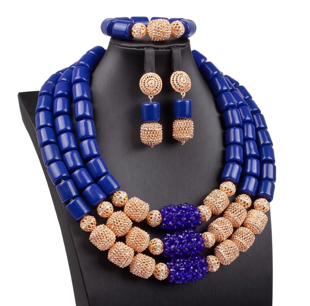 3 layers Imitation coral statement necklace, bracelet and earrings set