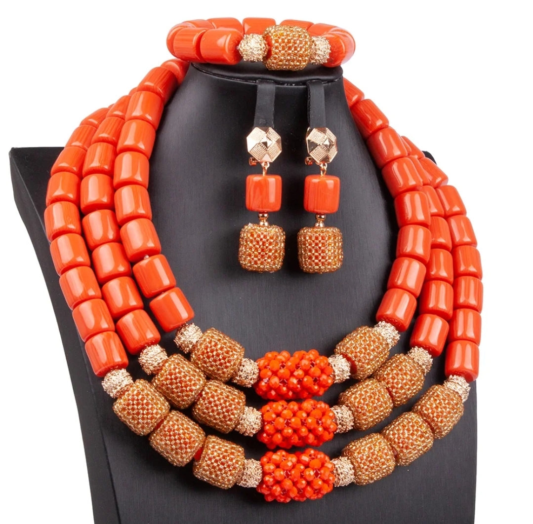 3 layers Imitation coral statement necklace, bracelet and earrings set