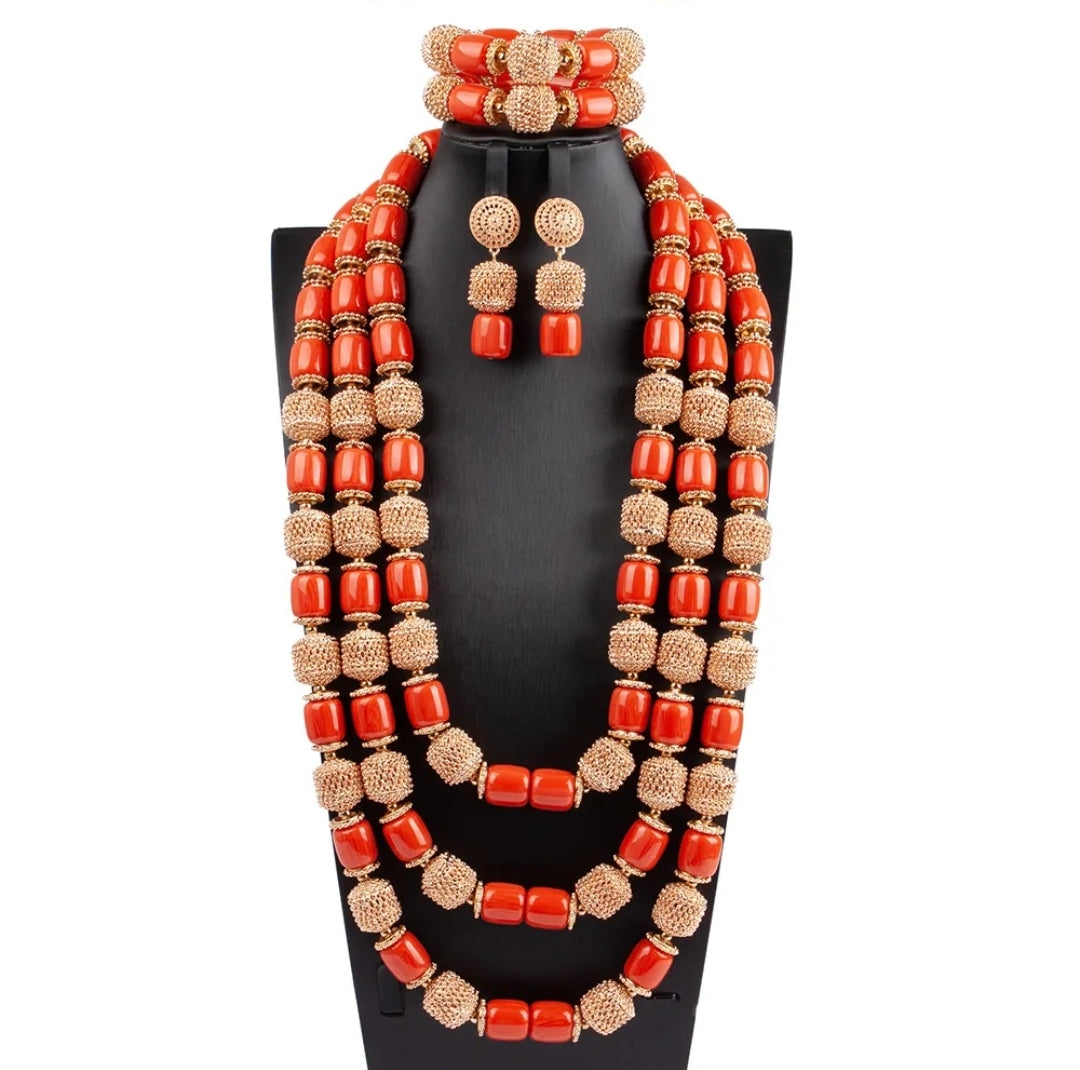 Triple layer Imitation coral statement necklace, bracelet and earrings set