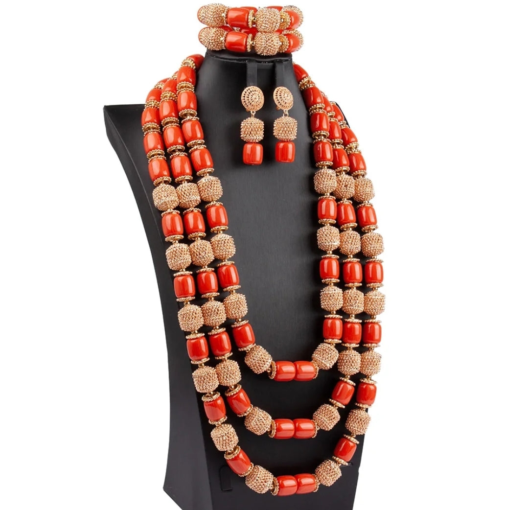 Triple layer Imitation coral statement necklace, bracelet and earrings set