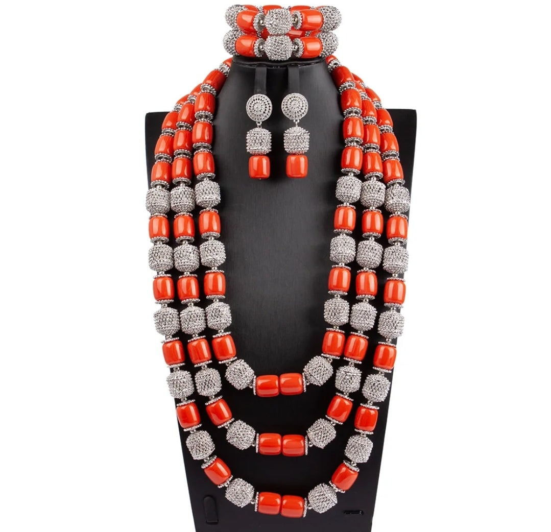 Triple layer Imitation coral statement necklace, bracelet and earrings set