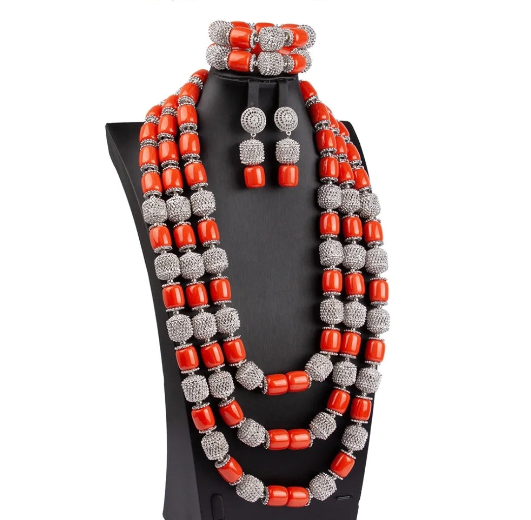 Triple layer Imitation coral statement necklace, bracelet and earrings set