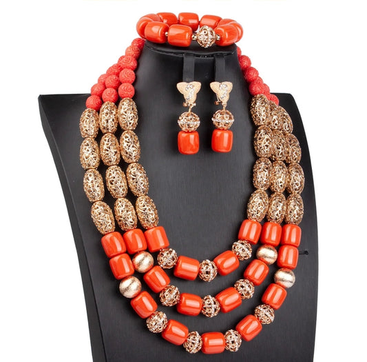 3 layer Imitation coral statement necklace, bracelet and earrings set