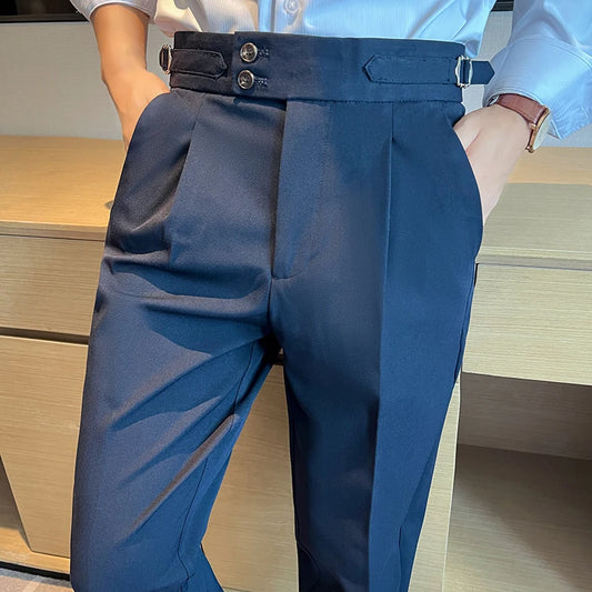 Neapolitan Men's Pants, Slim Fit Casual Trousers, Blue Vintage High Wai