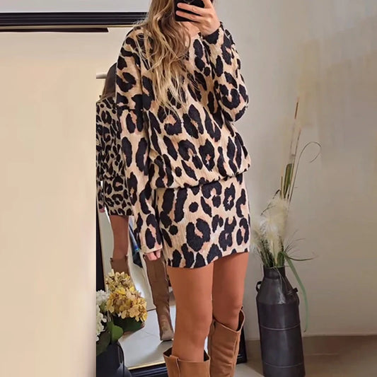 Leopard Print Long Sleeve Mini Dress-Round Neck Casual Short Dress