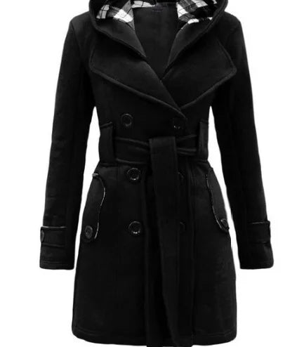 Hooded double-breasted Long Coat with Belt For Women