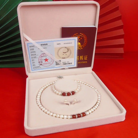 Pearl Necklace Set with Red Jade Pendant, Luxury Bracelet, and Earrings