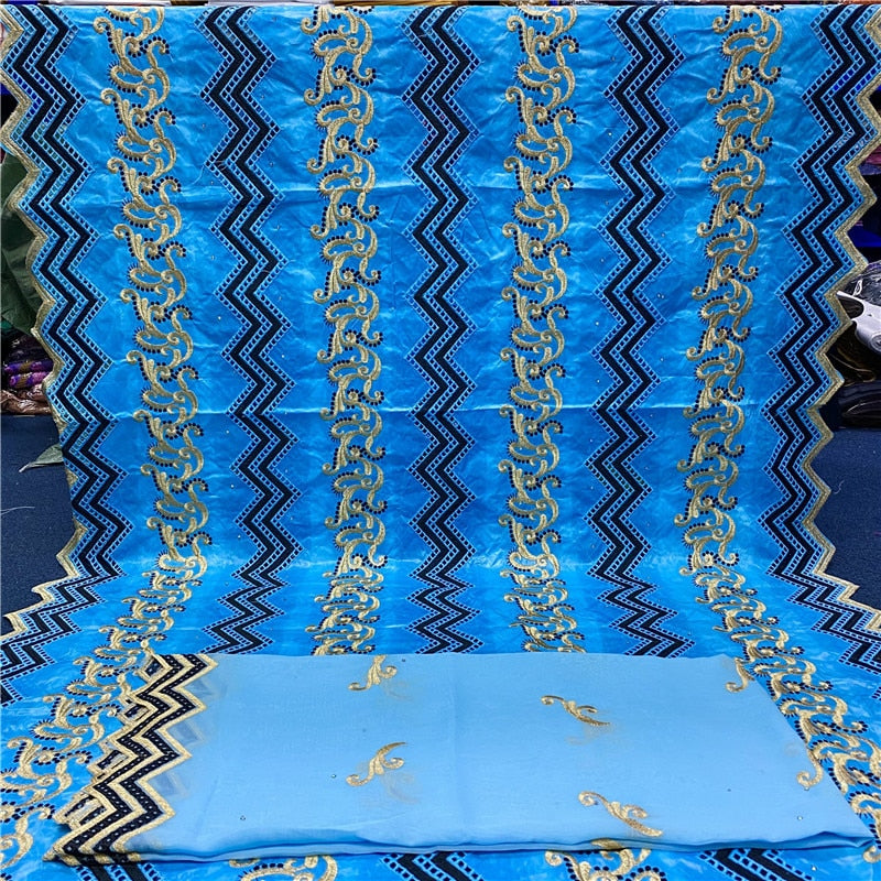Blue African Bazin Riche Fabric with Beads 7 yards