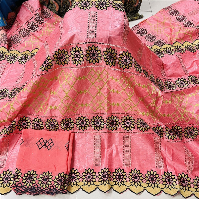 Orange Pink African Bazin Riche fabric with brode embroidery net lace 7 yards